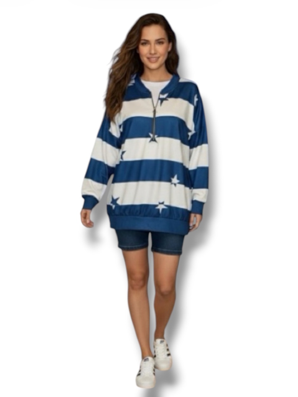SHEILAY Top NWOT Blue/White Nautical Stars Stripes Print Quarter-Zip Women’s M